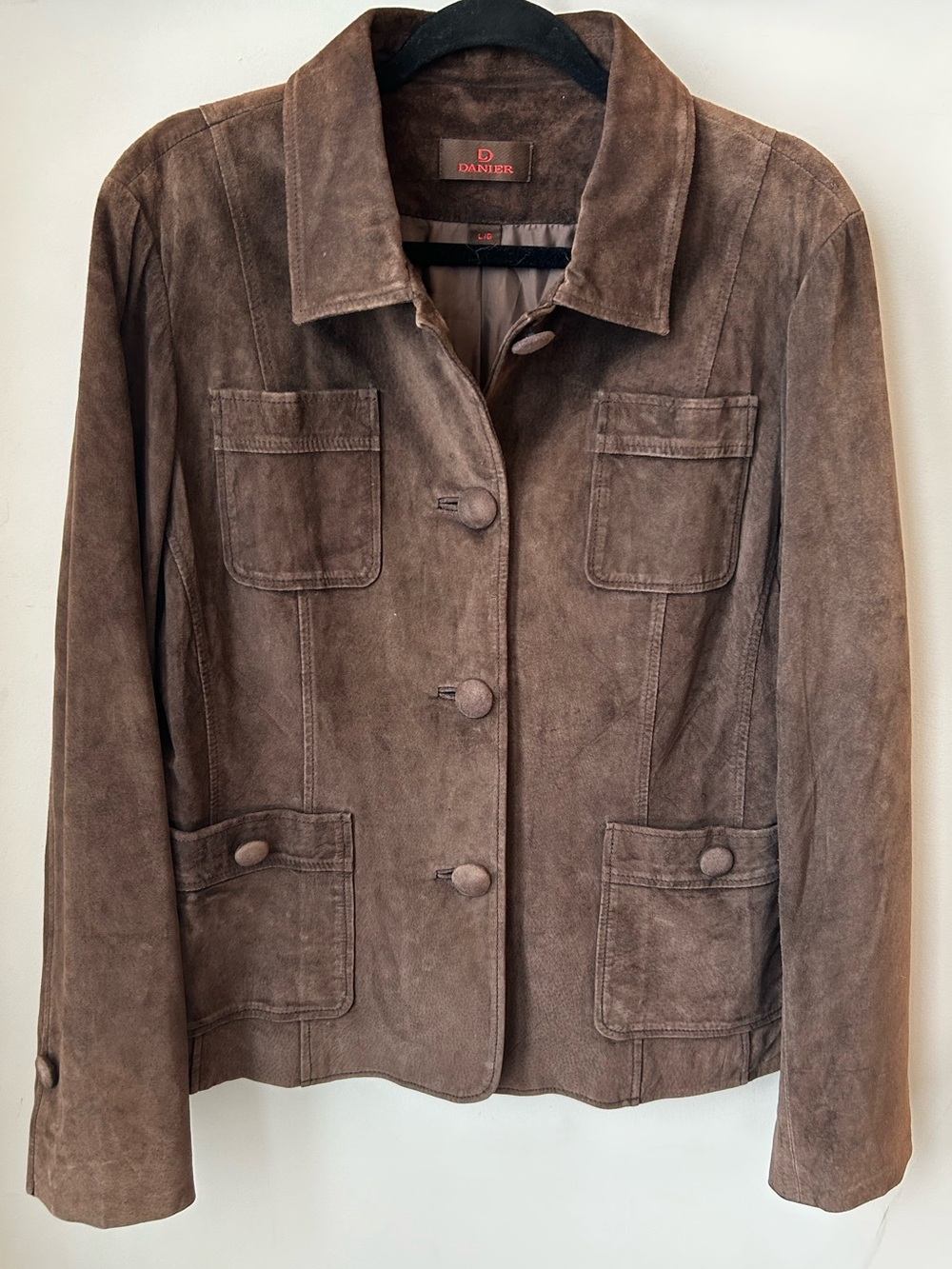 Danier Genuine Leather Suede Jacket L Brown Utility Safari 4 Pocket Size Lg